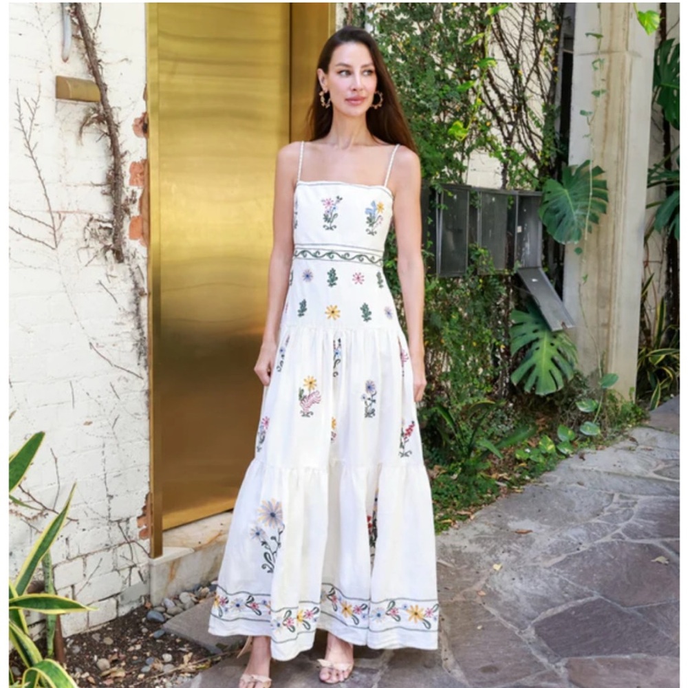 Agua By Agua Bendita Lima Pradera Embroidered Linen Maxi Dress Medium